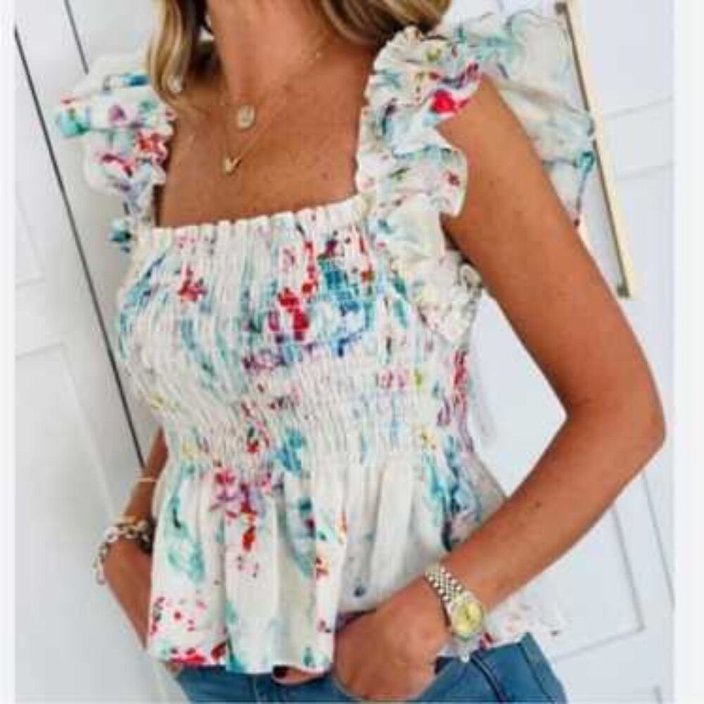 Willa Story Smocked Ruffle Top Cottage Coquette Cotton Linen Women sz Small